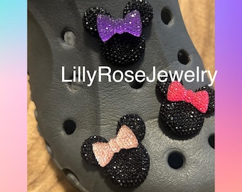 ONE Black Mouse Head Shoe Charms with Bow Minnie Mouse Inspired Disney Charms Rubber Clog Charms Shoe Clips Shoe Charms Ready to Ship