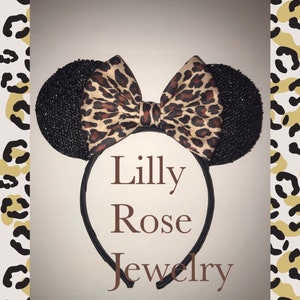 Sparkly Animal Kingdom Leopard Print Minnie Mouse Ears Inspired Headband Mouse Ears Leopard Print Bow Fits Adults Children Ready to Ship