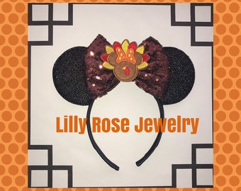 Thanksgiving Ears Sparkly Turkey Minnie Mouse Ears Inspired Headband Sequin Bow Fit Adults Children Ready to Ship Minnie Mouse Turkey Ears