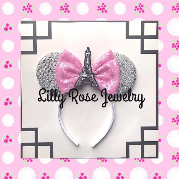 Disney Pink and Black Sequin Minnie Ears with Eiffel Tower Charm Disney Parks Ear Headband Sequined Eiffel Tower Minnie Ears  main image 3