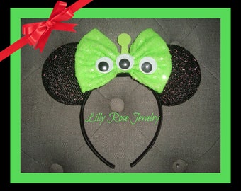 Sparkly Black and Green Toy Story Alien Minnie Mouse Ears Inspired with Sequin Bow Fits Adults and Children Ready to Ship