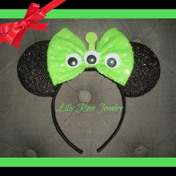 Sparkly Black and Green Toy Story Alien Minnie Mouse Ears Inspired with Sequin Bow Fits Adults and Children Ready to Ship