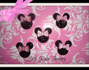 5 Black Glitter Rhinestone Minnie Mouse Ears Inspired Light Pink Bow Head Flat Back Resin Cabochon For Making Hair bows Jewelry 32x35mm
