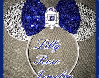 Sparkly Minnie Mouse Ears R2D2 Mouse Ears Inspired Headband Blue Bow R2 D2 Fits Adults Children Ready to Ship Galaxy&#39;sA Edge PLAIN BACK
