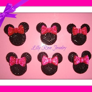 6 Black Glitter Rhinestone Minnie Mouse Inspired Hot Hot Pink Bow Flat Back Resin Cabochon Hair bows Jewelry Making 32x35mm or 1 Inch