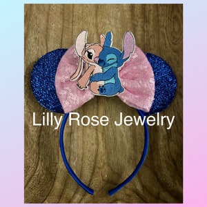 Blue Sparkly Angel and Stitch Minnie Mouse Ears Inspired with Pink Bow Fits Adults Children Ready to Ship Lilo Stitch PLAIN BACK