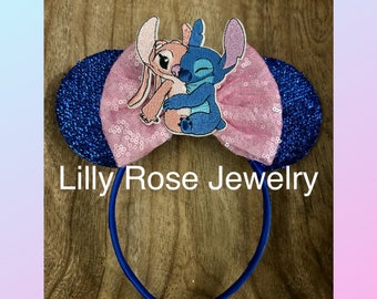 Blue Sparkly Angel and Stitch Minnie Mouse Ears Inspired with Pink Bow Fits Adults Children Ready to Ship Lilo Stitch PLAIN BACK