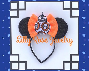 Sparkly Black Minnie Mouse Ears BB8 Mouse Ears Inspired Headband Big Orange Bow with BB8 Embellishment Fits Adults Children Ready to Ship