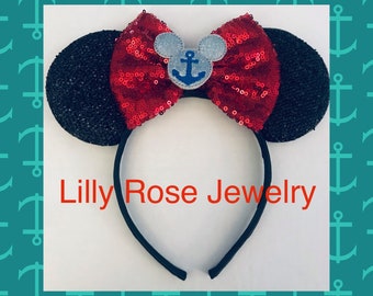 Disney Cruise Mouse Ears Sparkly Black Minnie Mouse Ears Inspired Anchor Ears Red Sequin Bow Ready to Ship Adults and Children