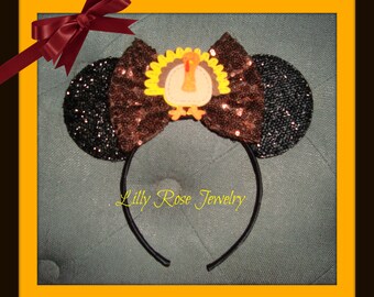 Thanksgiving Turkey Sparkly Minnie Mouse Ears Inspired Headband Big Brown Sequin Bow Fits Adults Children Ready to Ship