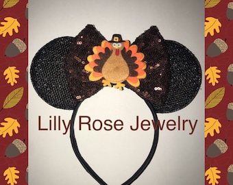 Mickey Mouse Ears Sparkly Thanksgiving Turkey Pilgrim Minnie Mouse Ears Inspired Headband Brown Sequin Bow Fit Adults Children Ready to Ship