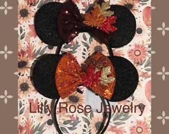 Thanksgiving Fall Ears Sparkly Minnie Mouse Ears Inspired Headband Sequin Bow Fit Adults Children Ready to Ship Minnie Mouse Fall Ears
