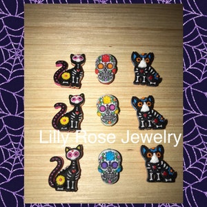 Set of 3 Halloween Sugar Skull Shoe Charms Sugar Skull Cat Dog Shoe Charms Charms Clog Charms Rubber Clog Charms Shoe Clips Ready to Ship