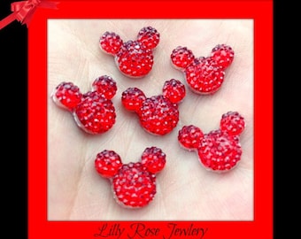 50 or 100 Red Glitter Rhinestone Minnie Mouse Mickey Mouse Inspired Head Flat Back Resin Cabochon For Hair bows Jewelry 14mm or 1/2 Inch