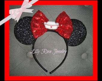 Sparkly Black Minnie Mouse Ears Nurse Ears Inspired with Red Sequin Bow and Nurse Hat Embellishment Rn For Adults and Children Ready to Ship