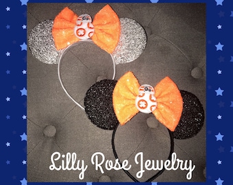 Sparkly Minnie Mouse Ears BB8 Mouse Ears Inspired Headband Big Orange Sequin Bow with BB8 Embellishment Fits Adults Children Ready to Ship