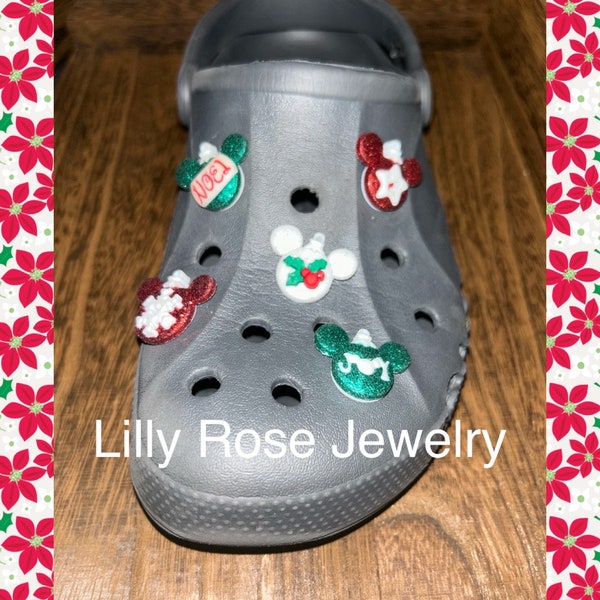 Set of 5 Christmas Mouse Ornaments Shoe Charms Christmas Shoe Charms Disney Charms Croc Charms Rubber Clog Charms Shoe Clips Ready to Ship