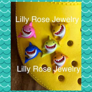 Set of 5 Shark Shoe Charms Rubber Clog Charms Shoe Clips Ready to Ship Pink Orange Yellow Green and Blue