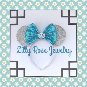Sparkly Silver Cinderella Princess Crown Minnie Mouse Ears Inspired with Blue Sequin Bow Fits Adults and Children Ready to Ship Sparkle Ears
