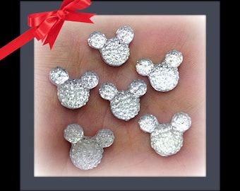 30 Silver Glitter Rhinestone Minnie Mouse Mickey Mouse Inspired Head Flat Back Resin Cabochon Hair bows Jewelry 14mm or 1/2 Inch Wedding