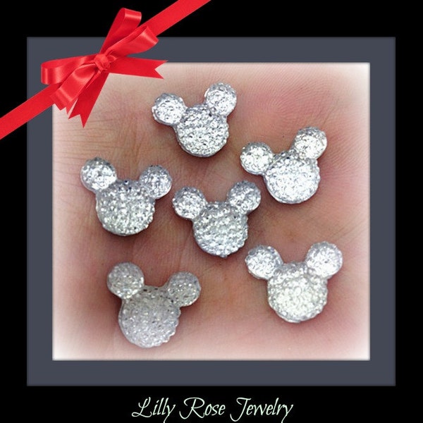 30 Silver Glitter Rhinestone Minnie Mouse Mickey Mouse Inspired Head Flat Back Resin Cabochon Hair bows Jewelry 14mm or 1/2 Inch Wedding