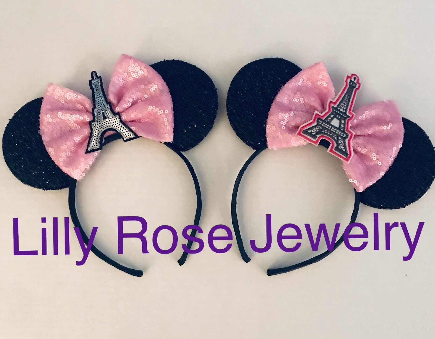 Disney Pink and Black Sequin Minnie Ears with Eiffel Tower Charm Silver Sparkly Disneyland Paris France Eiffel Tower Minnie  main image 3