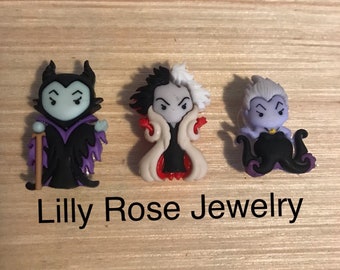 Single or Set of 3 Ursula Cruela Maleficent Villains Clog Charms Shoe Charms Halloween Shoe Charms Rubber Clog Charms Shoe Clips