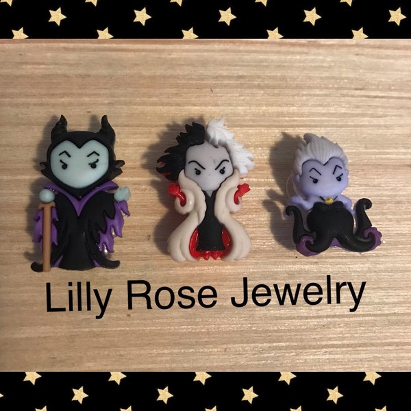 Set of 3 Ursula Cruela Maleficent Villains Croc Charms Shoe Charms Halloween Shoe Charms Rubber Clog Charms Shoe Clips Ready to Ship