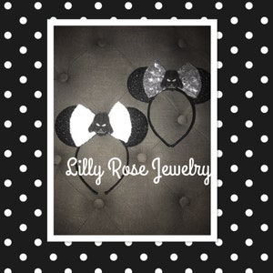 Sparkly Black Darth Vader Minnie Mouse Ears Inspired Headband White Sequin Bow with Embellishment Fits Adults Children Ready to Ship