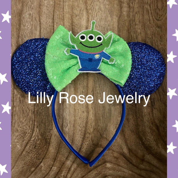 Sparkly Blue and Green Toy Story Alien Minnie Mouse Ears Inspired with Green Sequin Bow Fits Adults and Children Ready to Ship
