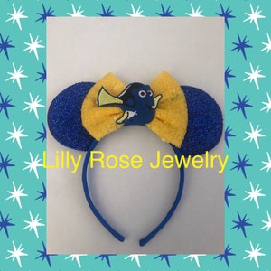 Sparkly Blue Minnie Mouse Ears Dory Mouse Ears Inspired Headband Yellow Sequin Bow and Dory Embellishment Fits Adult Children Ready to Ship