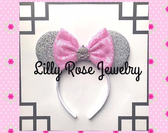 Sparkly Silver Cinderella Carriage Minnie Mouse Ears Inspired with Pink Sequin Bow Fits Adults and Children Ready to Ship PLAIN BACK