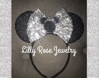 Sparkly Black Minnie Mouse with Crown Ears Inspired with Silver Sequin Bow Fits Adults and Children Ready to Ship Minnie Mouse Ears
