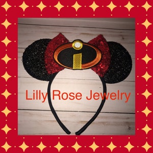 Sparkly Black Minnie Mouse Ears The Incredibles Inspired Headband Red Sequin Bow and Embellishment Adults and Kids Ready to Ship