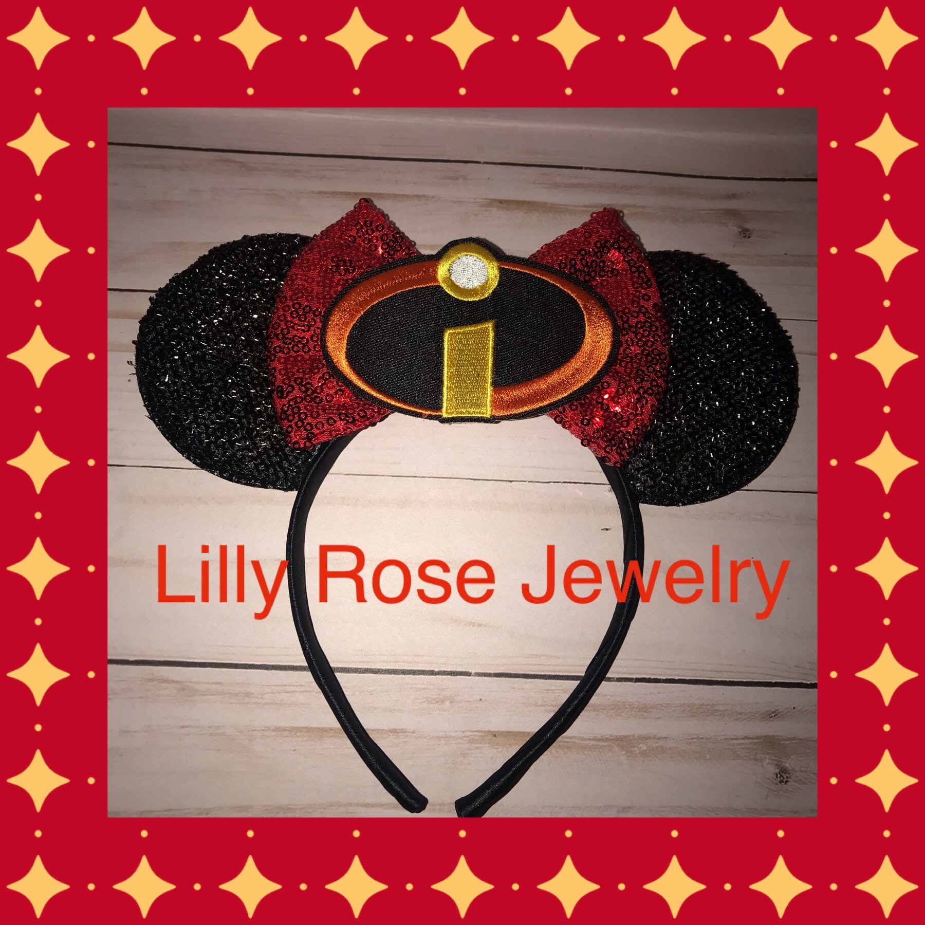 Sparkly Black Minnie Mouse Ears The Incredibles Inspired Headband Red Sequin Bow and Embellishment Adults and Kids Ready to Ship