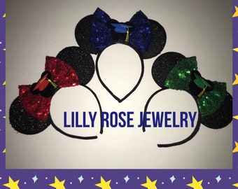 Black Sparkly Graduation Minnie Mouse Ears Inspired Headband Blue Red Green Graduation Hat Embellishment Fits Adults Children Ready to Ship