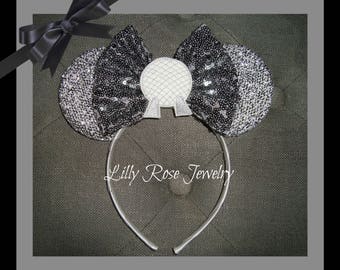 Sparkly Silver Epcot Spaceship Earth Minnie Mouse Ears Inspired Headband Fits Adults Children Ready to Ship Epcot 40th Ears PLAIN BACK