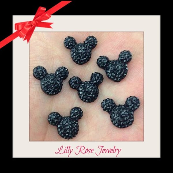 30 Black Glitter Rhinestone Minnie Mouse Mickey Mouse Inspired Head Flat Back Resin Cabochon Wedding Hair bows Jewelry 14mm or 1/2 Inch