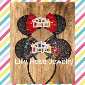 Black Sparkly Disneyland Marquee Sign Minnie Mouse Ears Inspired Red or Rainbow Sequin Bow Adults Children Ready to Ship
