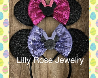 Sparkly Black Easter Minnie Mouse Ears Purple or Pink Sequin Bow with MInnie Bunny Rabbit Head Fits Adults Children Ready to Ship