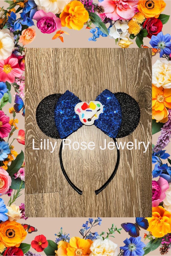 Sparkly Festival of the Arts Minnie Mouse Ears Minnie Mouse Ears with Sequin Bow and Minnie Mickey Paint Palette Fits Adults Ready to Ship