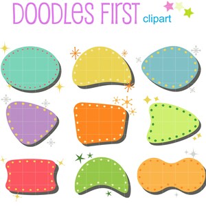May include: Nine colorful retro-style speech bubbles with dotted borders. The bubbles are in various shapes and sizes, including oval, rounded rectangle, and freeform. The colors are teal, yellow, light blue, purple, orange, green, red, and orange.
