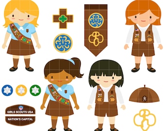 May include: A set of digital clipart images featuring Girl Scout characters, badges, and other related items. The images are in a cartoon style and include a variety of colors, such as brown, blue, green, and yellow. The text "DOODLES FIRST clipart" is included in the image.