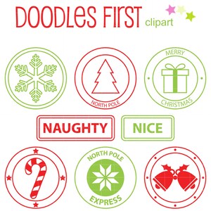 May include: Set of nine red and green Christmas themed stamps with various designs including a snowflake, a Christmas tree, a gift box, a candy cane, a bell, and the words "Merry Christmas", "North Pole", "Naughty", "Nice", and "North Pole Express".