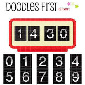 Pode incluir: Relógio digital vermelho com um mostrador branco e números pretos que mostram 1:43:00. Um conjunto de peças de números pretas individuais com números brancos de 0 a 9 são exibidos abaixo do relógio. O texto "DOODLES FIRST clipart" é exibido acima do relógio.