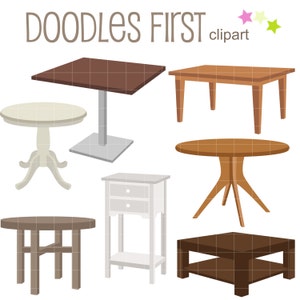 May include: Set of seven different table designs, including a round white table with a pedestal base, a brown rectangular table with a metal base, a brown rectangular table with four legs, a round brown table with a pedestal base, a white nightstand with two drawers, a brown square coffee table with a shelf, and a round brown table with three legs.  DOODLES FIRST clipart.