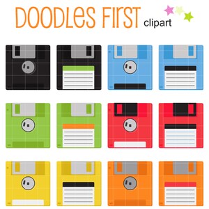 May include: A set of 12 colorful floppy disk icons. The icons are in various colors, including black, green, blue, red, yellow, and orange. Each icon has a white square in the center with a black circle inside. The icons are perfect for use in digital scrapbooking, web design, or other creative projects.