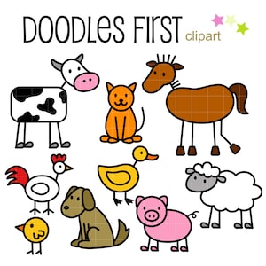 Stick Farm Animals Doodles Digital Clipart pour Scrapbooking, Cricut Cut Files, Sublimation, Fabrication de cartes, Artisanat en papier, SVG, PNG, jpg