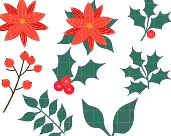Christmas Poinsettia Ornaments, Christmas Holly Digital Clip Art for Scrapbooking Card Making Cupcake Toppers Paper Crafts