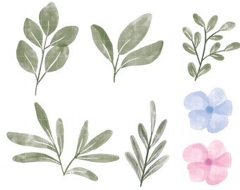 Watercolor Flower and Leaves Digital Clip Art for Scrapbooking Card Making Cupcake Toppers Paper Crafts